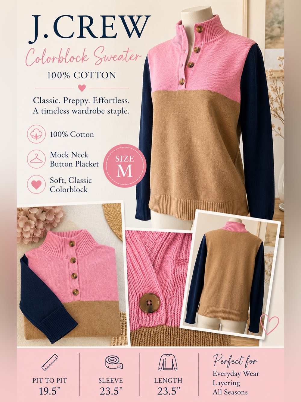 J.Crew Colorblock Cotton Mock Neck Button Sweater Pink Tan Navy Size M
